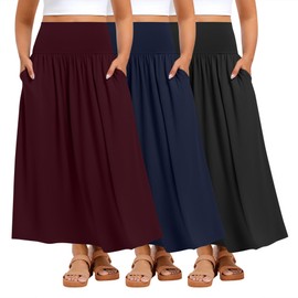 Ficerd 3 Pack Plus Size Maxi Long Skirts for Curvy Women, Ankle Length a Line Pleated High Waisted Summer Skirts with Pocket(Black, Navy Blue, Burgundy,X-Large)