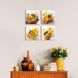 Daisy Flower Wall Art Fall Bee Wall Decor Abstract Nature Wildflower Canvas Pictures for Bathroom Decor Autumn Yellow Floral Paintings Artwork Bee Kitchen Decor Living Room Home Decoration 12x12" 4Pcs