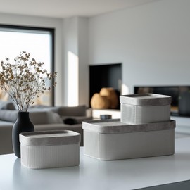 La Jolie Maison Fluted Cardboard Storage Baskets with Vegan Leather Lids, Sturdy Stackable Paper Boxes Decorative Tray, Modern Basket Organizer Bins Bathroom Bedroom Organizing, Storm Grey, Set of 3