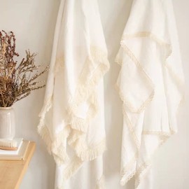 Blausky 1 x Muslin Baby Blanket, Baby Blanket, Cotton Blanket, Throw with Fringes, Sofa Blanket, Sleeping Blanket, Muslin Blanket, Tassel Blankets, Crawling Blanket, for Toddlers, Girls, Boys, Khaki,