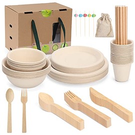 Compostable Disposable Dinnerware Set for Party Picnic, Biodegradable Cultery Utensils Include 160 Pcs Eco Friendly Bamboo Paper Plates, Bowls, Forks, Knives, Spoons, Cups and Straws