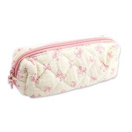 1 PCS Bow Pencil Case - Pink Bow Cute Pencil Pouch, Soft Cotton Storage Bag with Aesthetic Pattern, Ideal as Makeup Pouch & Cosmetic Bag for Women, Cute Stationery Organizer for School & Daily Use
