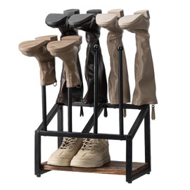 Industrial Metal & Burnt Wood 4-Pair Boot Rack with Shoe Shelf - Freestanding Rustic Entryway Organizer, Non-Slip Floor Protector for Mudroom/Garage/Closet