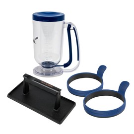 RAZOR 4 Piece Breakfast Kit for Griddle- Pancake Batter Dispenser, 2 Silicone Egg Rings, and Cast Iron Griddle Pess