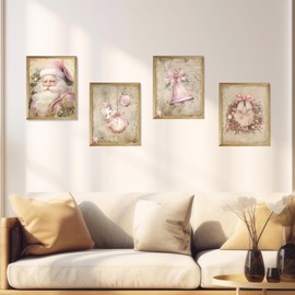 YQDEJ Vintage Christmas Santa Bow Bell Wreath Wall Art Prints Set of 4, Pink Christmas Wall Decor for Living Room, 8x10 Inches Unframed
