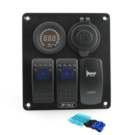 IZTOSS Blue led 3 Gang DC12V 5 pin Rocker Switch and Horn Switch Panel with 12V Voltage Power Socket Wiring Kits and Decal Sticker Labelsfor Marine Boat Car Rv Vehicles Truck