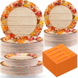 Havawish 240 Pcs Thanksgiving Tableware Set Include Fall Paper Plates Orange Napkins Forks, Autumn Leaves Disposable Party Supplies Harvest Lunch Dinnerware Bulk for Thanksgiving Holiday Decorations