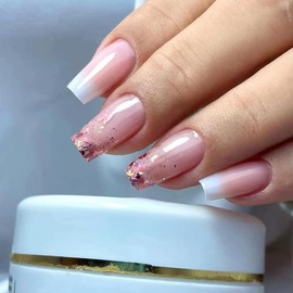 24PCS Press on Nails Short Long French Tips - Fake Nails, Glue on Nails, Reusable False Nails, Acrylic Stick on Nails for Women and Girls (Pink White Glitter)