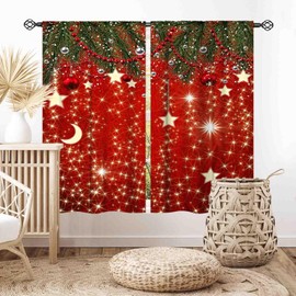 Cortinas de Navidad rojas, bola de abeto de Navidad, Navidad, Año Nuevo, invierno, nieve, día festivo, decoración de ventanas, tratamientos para sala de estar, recámara, cocina, baño, hogar, 2 paneles