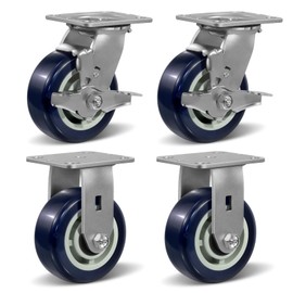 CWfutureparts 5"X2" Heavy Duty Industrial Casters,Polyurethane on Polypropylene Core Caster Wheels,2 Brake 2 Rigid Caster for Supermarket and Warehouse Flatbed Cart, 3200 lbs Total Capacity-Set of 4