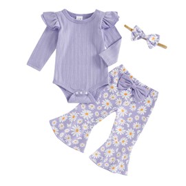 Siyova Newborn Baby Girl 3 Piece Outfits Long Sleeve Ribbed Romper+Daisy Flare Pants+Bow Headband Toddler Girl Fall Clothes Sets (Purple, 3-6 Months)