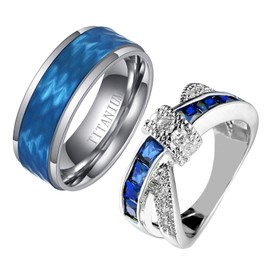 Ringcrown Couple Rings Princess cut Blue Cz Womens Wedding Ring Sets Titanium Steel Man Wedding Bands（Please Buy 2 Rings for 1 Pair）