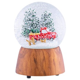 Red Truck with Dogs Cherry Woodgrain 6 x 4 Resin and Metal Christmas Musical Snow Globe