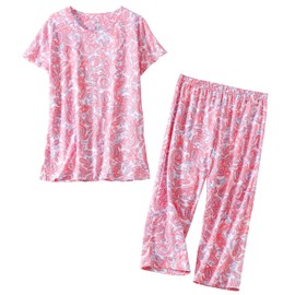 PNAEONG Women’s Pajama Set - Sleepwear Tops with Capri Pants Casual and Fun Prints Pajama Sets SY215-Pink Paisley-L