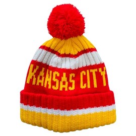 aoenbork City Beanie Knit Hat with Pom Winter Cuffed Cap Sport Fans Gift, Kansas, One Size
