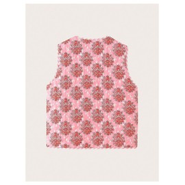 MakeMeChic Women's Floral V Neck Tie Front Vest Sleeveless Quilted Jacket Outerwear Pink Small