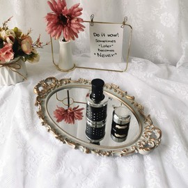 Hamphinee Oval Floral Wall Mirror Tray, Dresser Organizer Tray,，Decorative Perfume Mirror Tray, Serving Tray, 9.5’’ X 14.5’’, Gold Gray, Gray,gold
