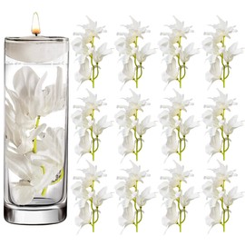 12 Pcs Artificial Orchid Flower for Floating Candle Centerpieces, White Faux Flower Vase Fillers for Wedding Table Party.