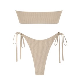 ZAFUL Bandeau Swimsuits for Women Metal Ring Tie Side Bikini Textured Swimwear 2 Piece Bathing Suit Beige L