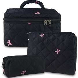 AMZMA Quilted Makeup Bag, Cute Floral Cotton Cosmetic Bag set, Coquette Bow Makeup Pouch Large Travel Toiletry Bag, Black bow
