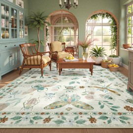 Beeiva Insect Print Rug 8x10, Washable Large Area Rugs for Bedroom Under Bed, Non Slip Soft Low Pile Ultra Thin Foldable Carpet for Office, Kids Room, Playroom, Nursery, Dining Room - Beige