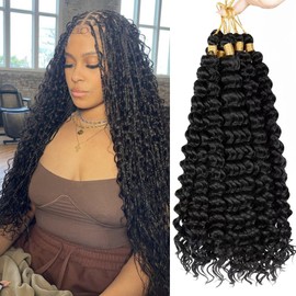 Deep Wave Crochet Hair 24 Inch 6 packs Long Curly Braiding Hair Extensions Ocean Wave Hair For Black Women Synthetic Ocean Curly Hair For Boho Box Braids (1B, 24inch, 6PC)