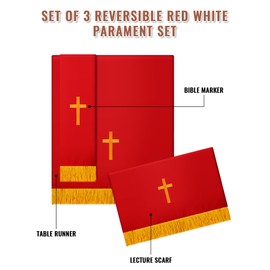 Cutecrop Set of 3 Reversible Parament Set Clergy Table Runner Bookmark Pulpit Scarf with Gold Cross Church Pulpit Accessories (Red and White)