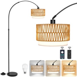 Fttoyoly Rattan Floor Lamp for Living Room Arc Boho Floor Lamp with Rattan & Linen Double Shades Adjustable Tall Wicker Lamps with 3 Color Temperatures for Bedroom Office Reading,Black