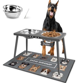 ADENGL Elevated Dog Bowls for Large Extra Large Pet, Raised Dog Bowl Stand with Sprill Proof Mat and Bowls (2000ml/70oz), Pet Food & Water Bowl 15.5" Tall Dogs Feeder for Extra Large Breed, Grey