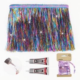 Yhsheen Rainbow Tinsel Fringe Trim,5Yards X 5.9 Inch Metallic Fringe Trim with B7000 Glue for Karma Jacket Costume Crafts Sparkly foil Wedding Birthday Party Decoration