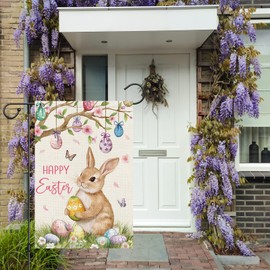 Louise Maelys Happy Easter Garden Flag Bunny Rabbit with Easter Egg Double Sided 12x18 Inch Small Burlap Spring Holiday Yard Outdoor Outside Home Decoration (Only Flag)
