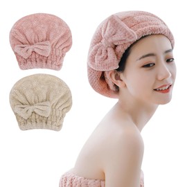 Songaa Microfiber Hair Drying Towel, 2 Pack Hair Towel Wrap for Women, Quick Dry Hair Turban for Wet Hair (Pink & Khaki)