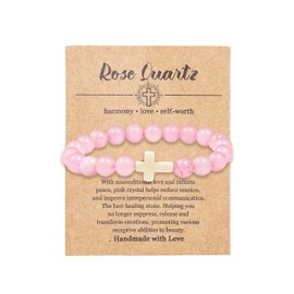 Pingyongchang Christian Gifts for Women Men Cross Healing Crystal Bracelet Faith Easter Catholic Religious Bracelet Natural Stone Stretch Bracelets Stress Relief Anxiety Yoga Bracelet -Rose Quartz