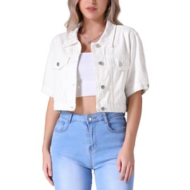 CIMUK Women's Short Sleeve Denim Jacket Button Down Trucker Jacket Y2K Cropped Jean Jackets Medium White
