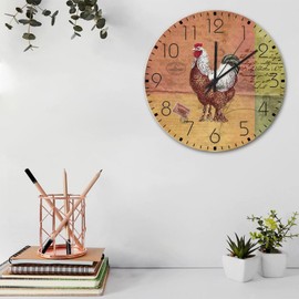 Minimalist Wood Clock Analog Round Non-Ticking Farmhouse Rooster Animal Frameless Wall Clocks Retro Chicken Oil Painting Home Decor for Family Room Patio Garden 15 Inch