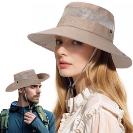 Risipu Sun Hat for Men Women Summer Wide Brim Mesh Safari Hat UV Protection Bucket Hats Waterproof & Breathable Fishing Boonie Hats for Hiking, khaki, Unit size