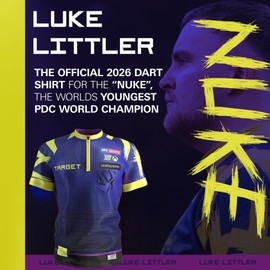 Target Darts Luke Littler Dart Shirt 2026 | Mens Darts Shirt, Adult Cool Play Collarless Dart Top, Dartboards Top Men, The Nuke Player Edition T Shirt – XS