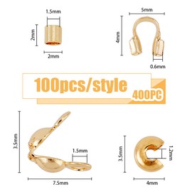 HOBBIESAY 400 Pieces 4 Styles 18K Gold-Plated Char Brass Crimp Beads/Wire Protection/Bead Tips/Crimp Beads Knot Covers Spacer Beads Disc Round Spacer Beads for Jewellery Making