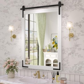 JIINGYO Farmhouse Bathroom Mirror, 24x36 Inch White Vanity Mirror for Wall, Wood Framed Rustic Mirror Rectangular Wall Decor Mirrors for Entryway Living Room Bedroom