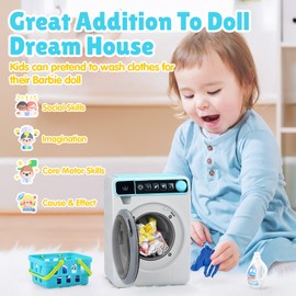 Kids Toy Washing Machine, Realistic Pretend Play Appliance for Girls, Interactive Toy Dollhouse Furniture, Play Washer and Dryer Playset with Spinning Drum, Light & Sound Effects, Laundry Basket Set