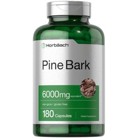 Horbäach Pine Bark Extract | 6000 mg | 180 Capsules | Standardized to Contain 75% Proanthocyanidins | Non-GMO, Gluten Free Supplement | High Potency