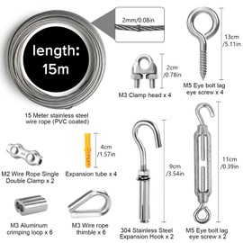 Omsscun 15 m 2 mm wire rope, 304 stainless steel wire rope, tension wire, steel cable coated, stainless steel rope, for string light suspension, washing line, curtain rope, climbing plants