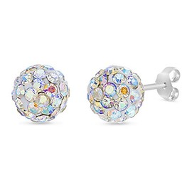 Devin Rose Sterling Silver Aurore Boreale Crystal Ball Stud Earrings for Women White 8mm