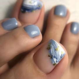 Summer Press on Toenails Short Square Fake Toe Nails with Beach Glitter Designs BlueToe Nail Press ons Nude Toenail Press ons Daily Wear Nature False Toenails Stick on Toenails for Women 24Pcs