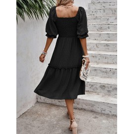 PRETTYGARDEN Women's Summer Casual Midi Dresses 2025 Puff Sleeve Square Neck A-line Flowy Boho Beach Smocked Dress Spring Vacation Outfits (Black,M)