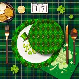 Gatherfun St Patrick's Day Party Supplies Green Shamrocks Green Plaid Disposable Paper Plates, Napkins, Cups, Tablecloth and Banner for Green Irish Party Decorations Serve 30 | Gatherfun