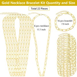 22 Pcs Gold Charm Necklace Bracelet Kit Charms Bracelet Chain Necklace Kit with Lobster Clasps Charm Bulk Necklaces Chains Paperclip Chain Charms for DIY Jewelry Making Decoration