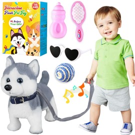 Marsjoy Husky Walking Dog Toy for Girls Barking Puppy with Control Leash, Realistic Wagging Tail Robot Interactive Musical Dancing Animated Plush Stuffed Animal Electronic Pet for Kids Toddlers