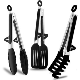 3PCS Pinzas de Cocina de Acero Inoxidable, 23cm Pinzas Barbacoa con Puntas de Silicona, Pinzas Antiadherentes para Cocina, Hornear, Barbacoa, Alta Resistencia al Calor, Negro