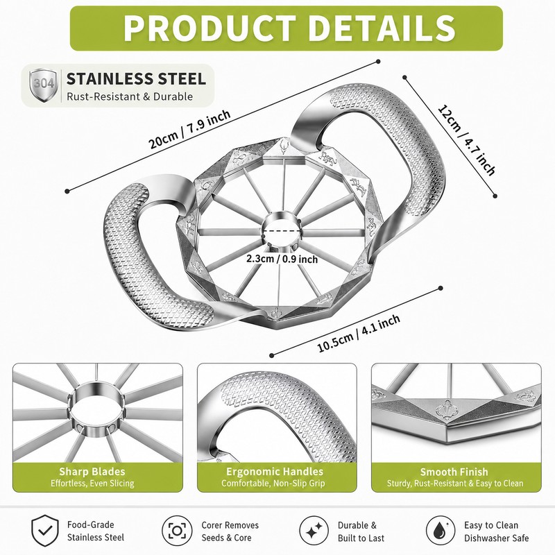12-Slice Apple Cutter & Corer for Kitchen Prep – Stainless